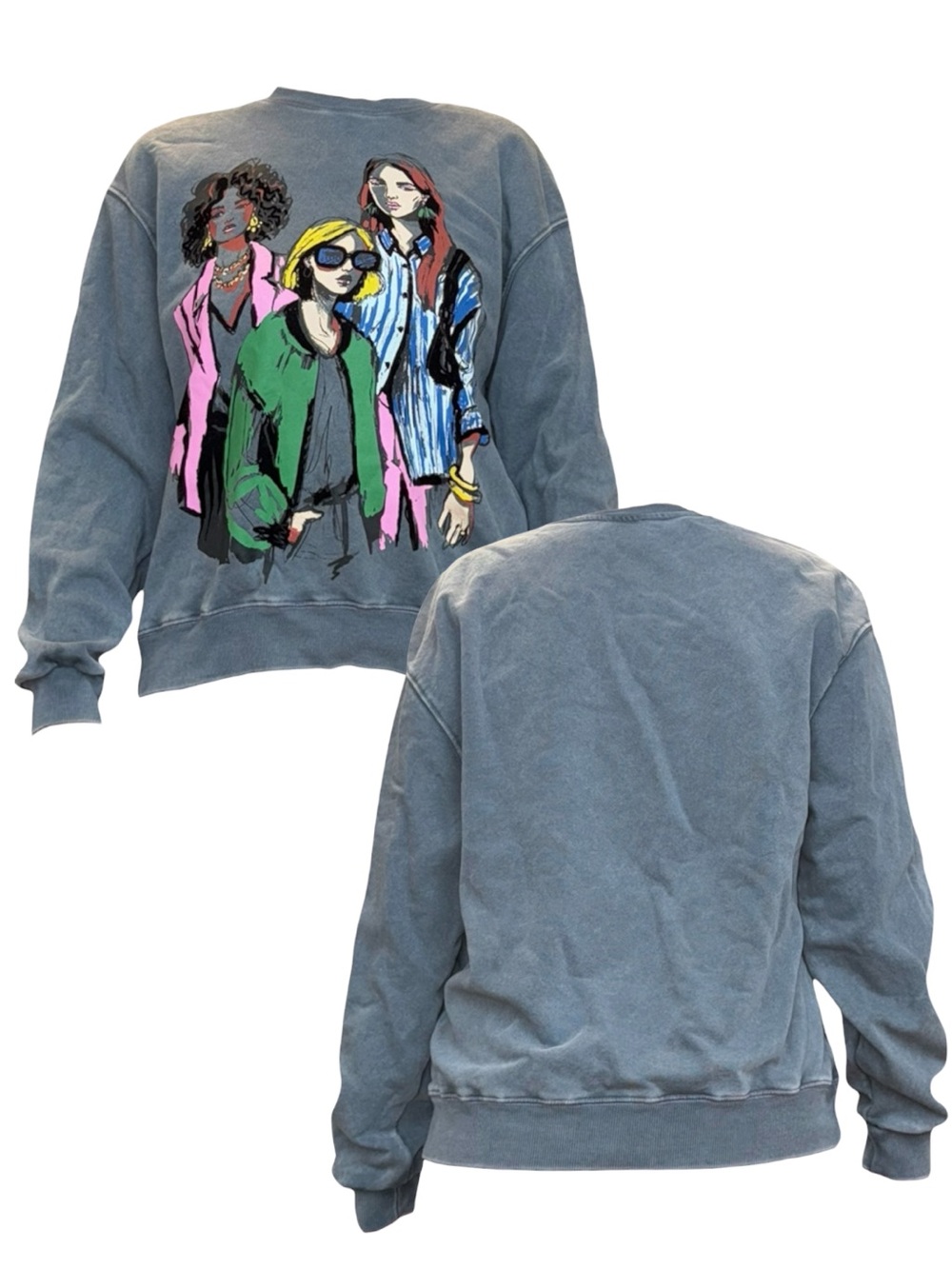 Zara Washed Blue Graphic Sweatshirt with Colorful Illustration